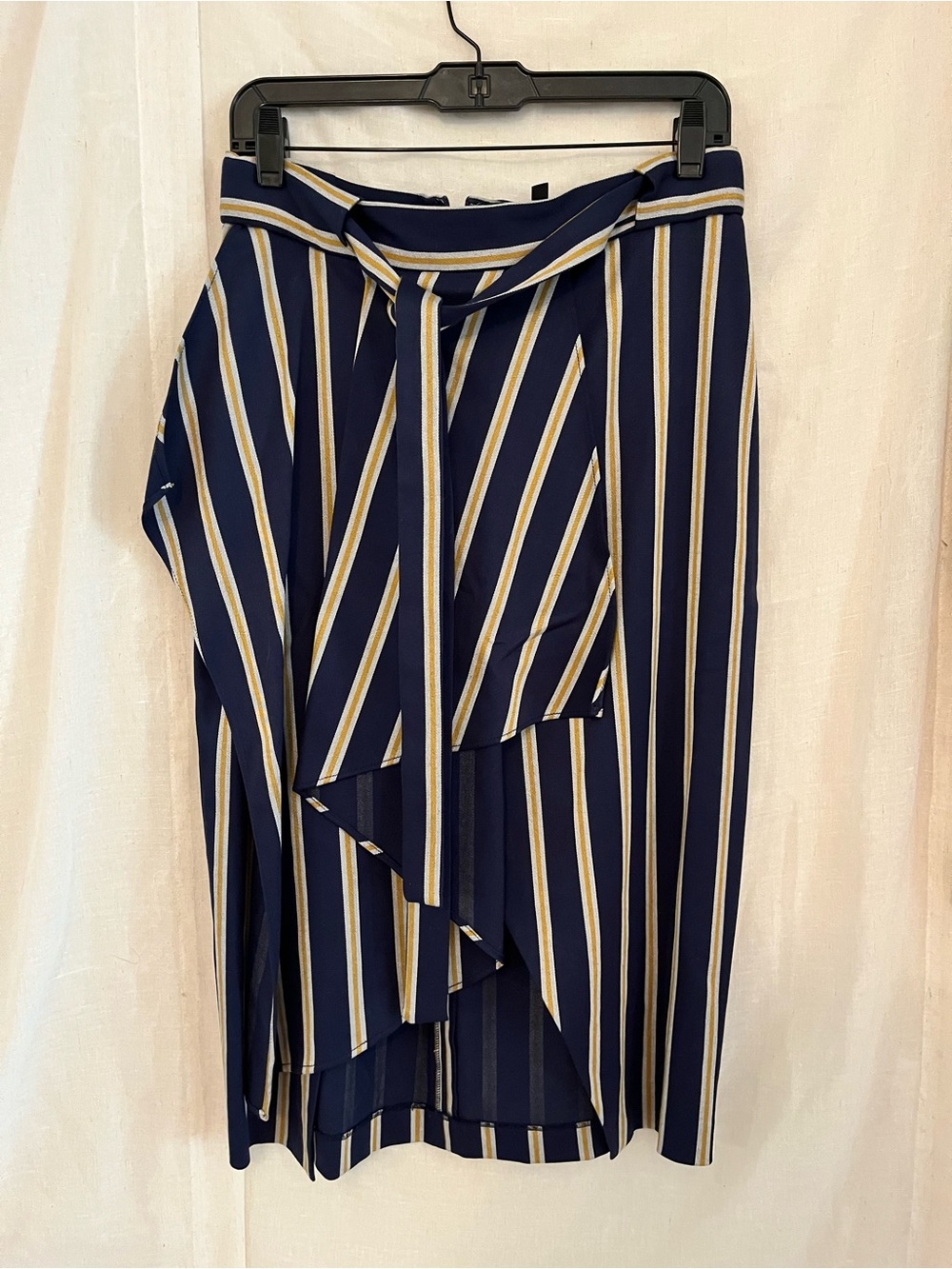 BCBGMaxAzria Navy, Gold & White Striped High-Low Skirt